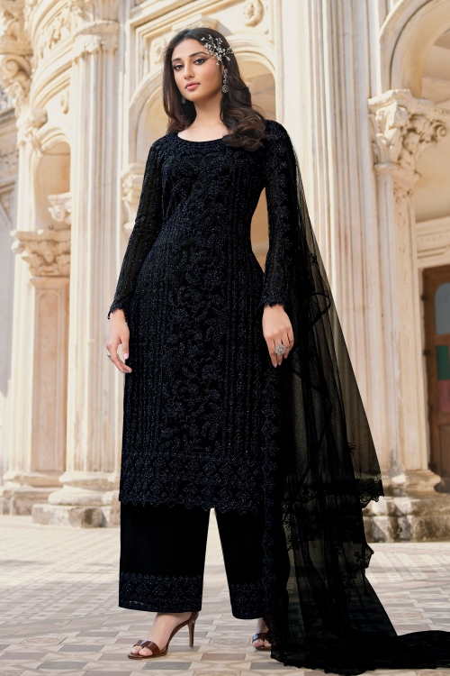Black Net Suit with Embroidery