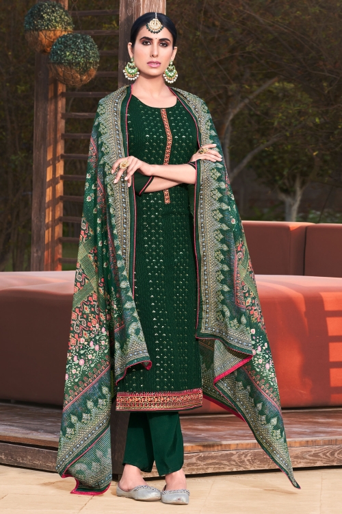 Green Georgette Embroidered Suit