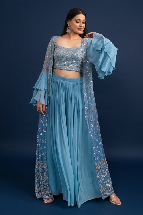 Light Blue Chiffon Georgette Crop Top Palazzo and Jacket