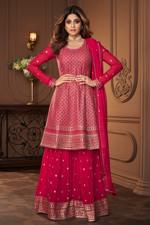 Shamita Shetty Dark Pink Georgette Sharara Suit