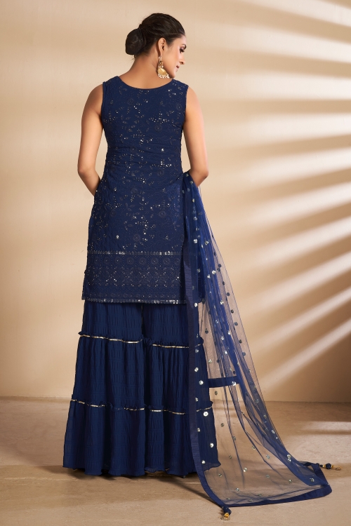 Blue Georgette Embroidered Sharara Suit
