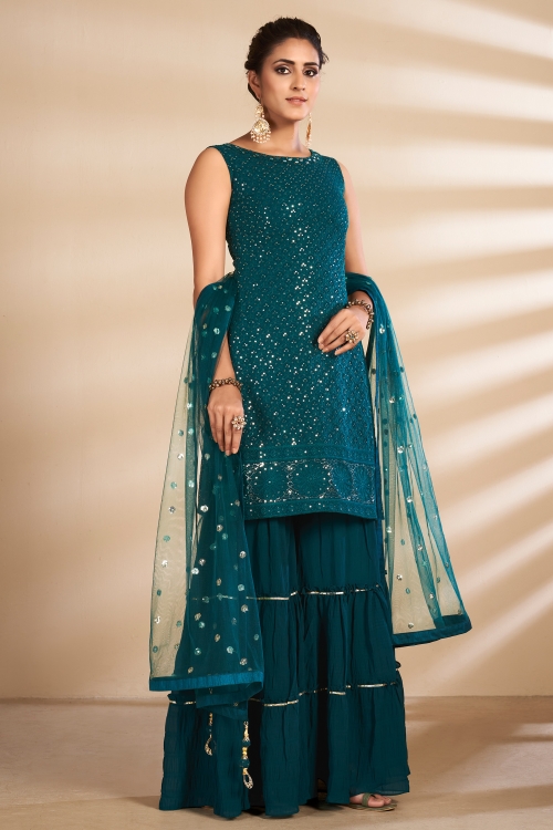 Teal Green Georgette Embroidered Sharara Suit