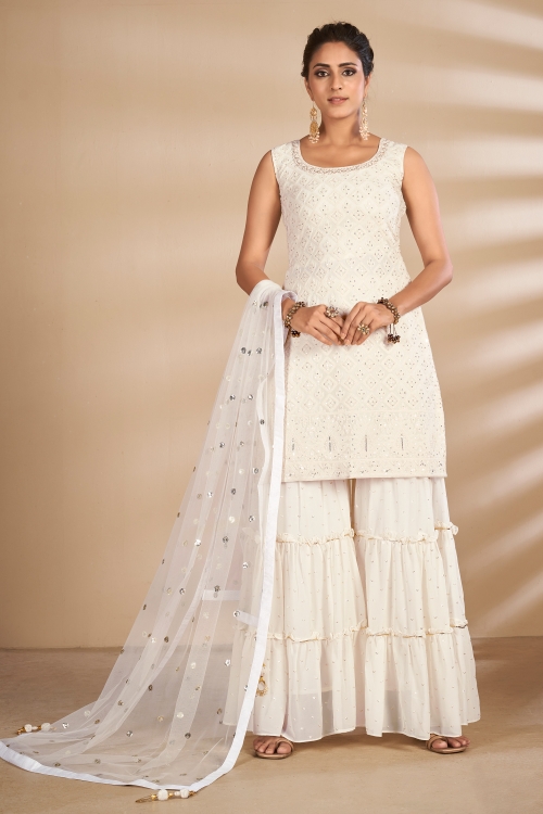Pearl White Georgette Embroidered Sharara Suit