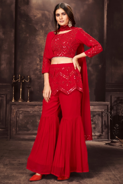 Red Georgette Fancy Crop Top Sharara Suit