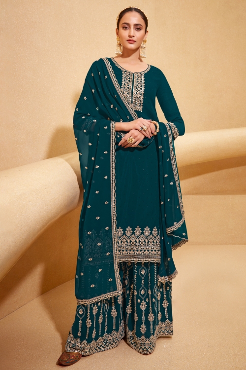 Rama Blue Georgette Embroidered Palazzo Suit