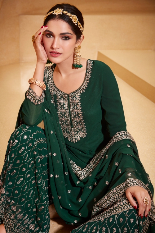 Green Georgette Embroidered Palazzo Suit