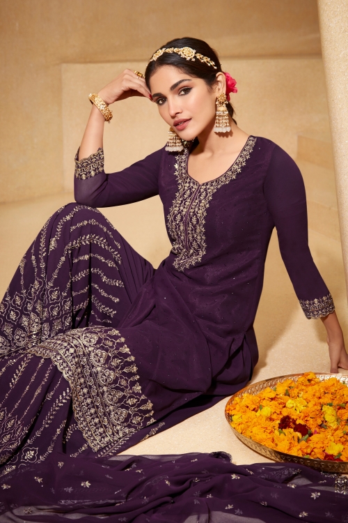 Wine Purple Georgette Embroidered Palazzo Suit