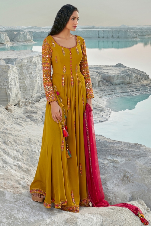 Mustard Georgette Embroidered Palazzo Suit
