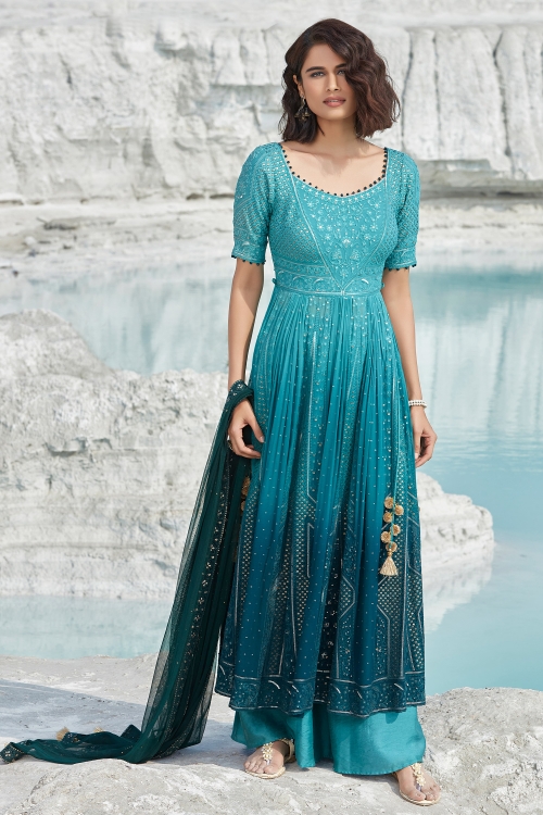 Blue Ombre Georgette Embroidered Palazzo Suit