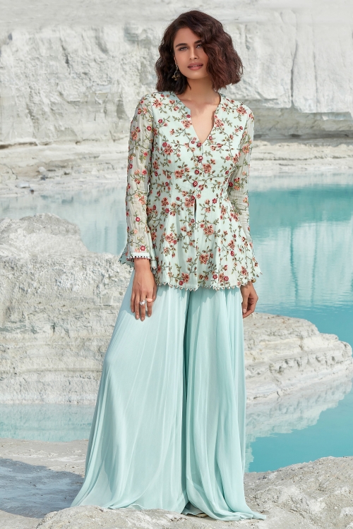 Light Blue Chiffon Georgette Embroidered Palazzo Suit