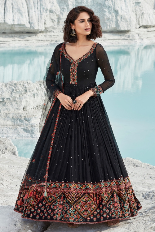 Black Georgette Flared Anarkali Suit with Embroidery
