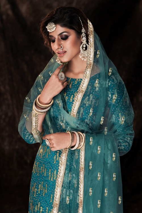 Rama Blue Net Sequinned Sharara Suit
