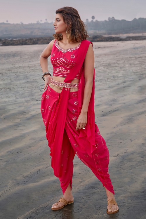 Pink Georgette Crop Top Dhoti Suit with Attached Dupatta