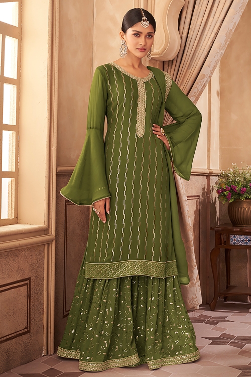 Olive Green Georgette Sequinned Sharara Suit