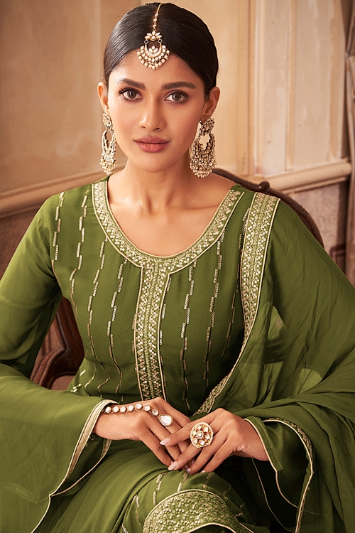 Olive Green Georgette Sequinned Sharara Suit