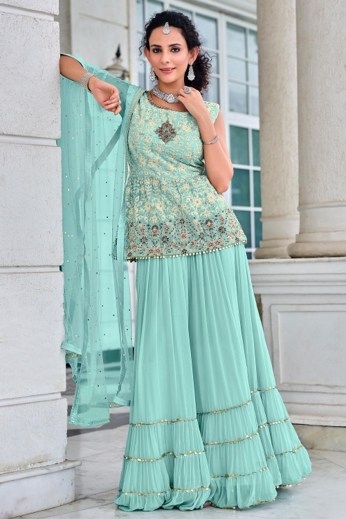 Light Blue Georgette Viscose Palazzo Suit with Embroidery