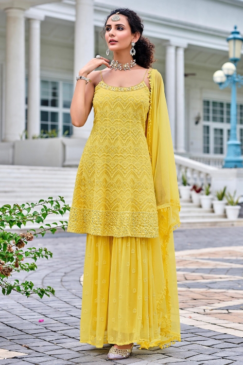Yellow Georgette Viscose Palazzo Suit with Embroidery