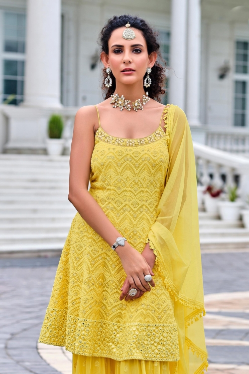 Yellow Georgette Viscose Palazzo Suit with Embroidery