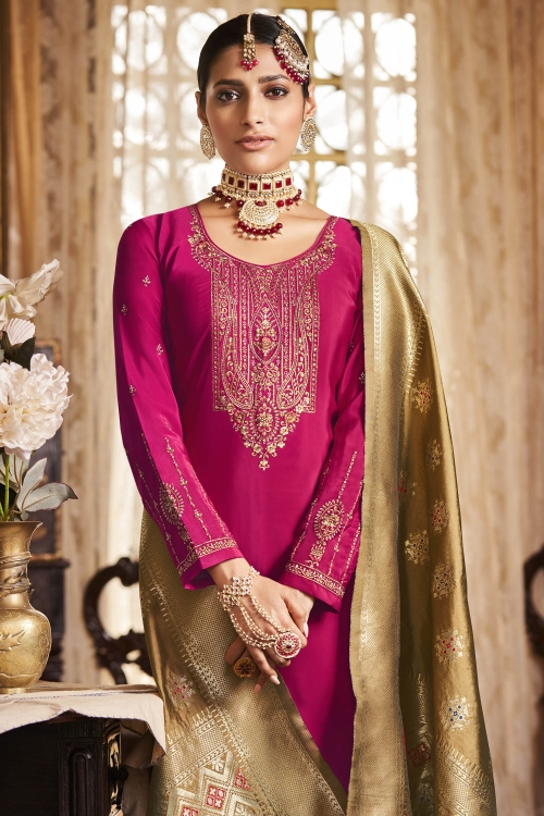 Dark Pink Crepe Embroidered Suit