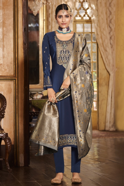 Blue Crepe Embroidered Suit