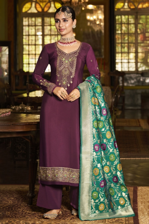 Purple Crepe Embroidered Palazzo Suit