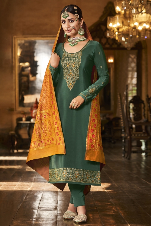 Green Crepe Embroidered Straight Cut Suit