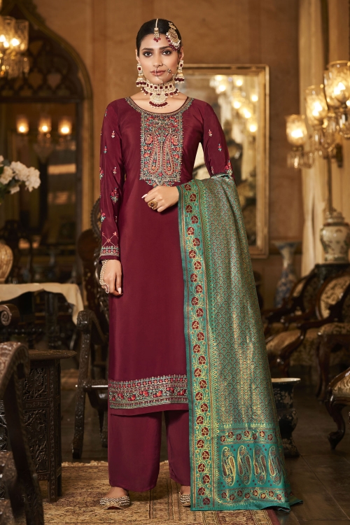 Maroon Crepe Embroidered Palazzo Suit