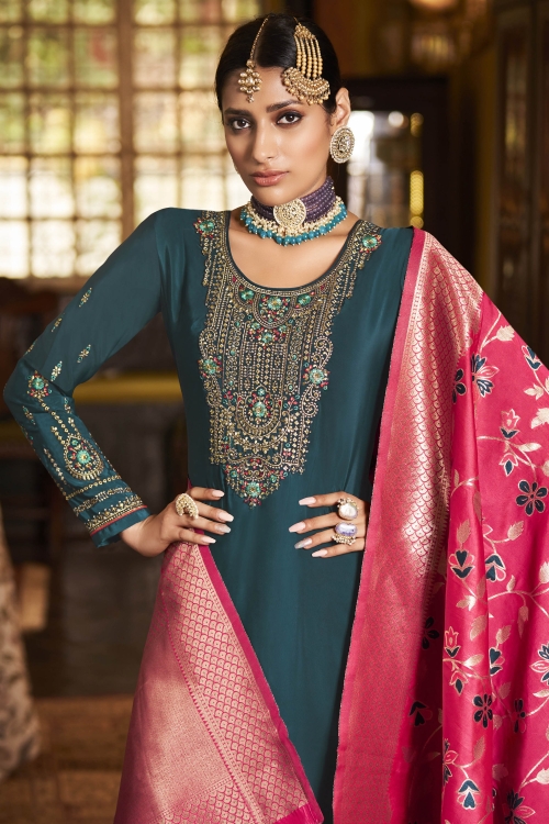 Rama Blue Crepe Embroidered Suit