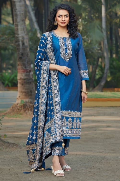 Blue Silk Embroidered Suit
