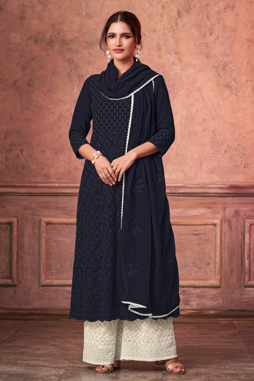 Navy Blue Georgette Lucknowi Worked Palazzo Suit