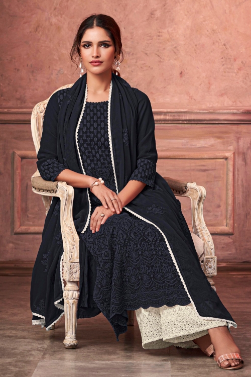 Navy Blue Georgette Lucknowi Worked Palazzo Suit