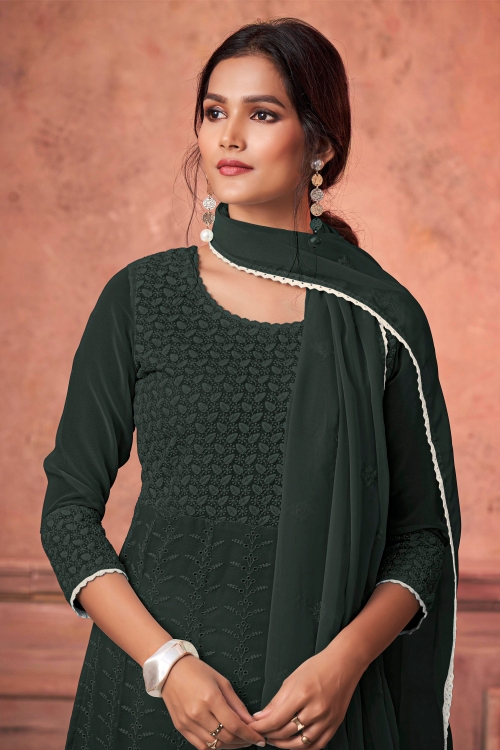 Teal Green Georgette Lucknowi Worked Palazzo Suit