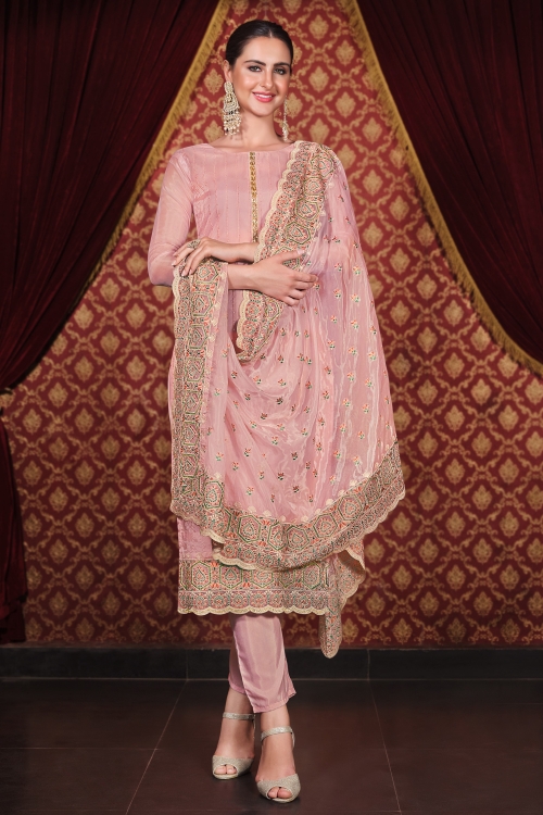 Pink Organza Embroidered Suit