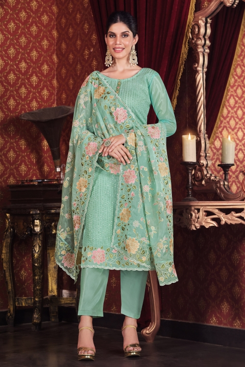 Sea Green Organza Embroidered Suit