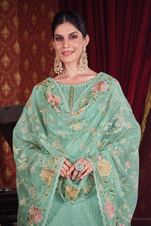 Sea Green Organza Embroidered Suit