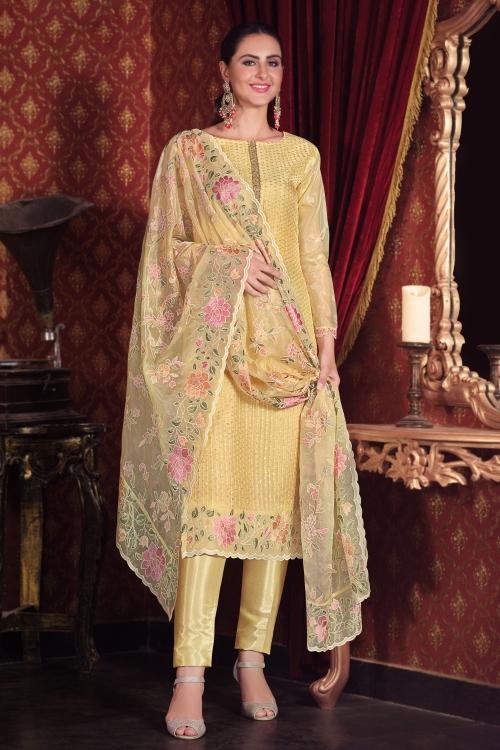 Yellow Organza Embroidered Suit