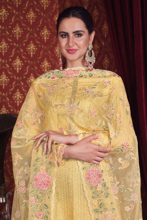 Yellow Organza Embroidered Suit