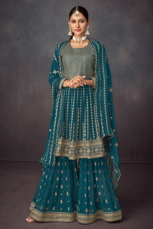 Rama Blue Georgette Embroidered Sharara Suit