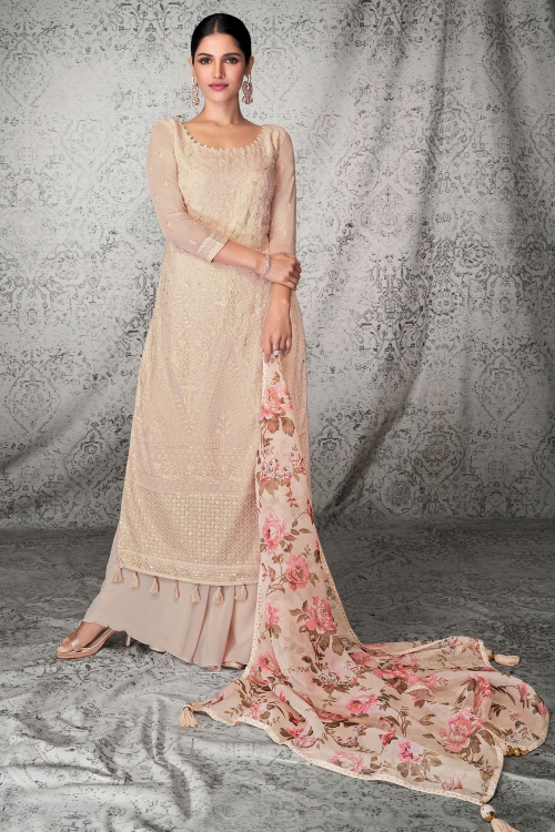 Peach Georgette Embroidered Palazzo Suit