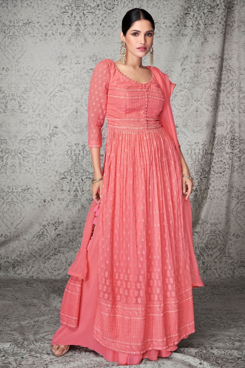 Coral Pink Georgette Embroidered Palazzo Suit