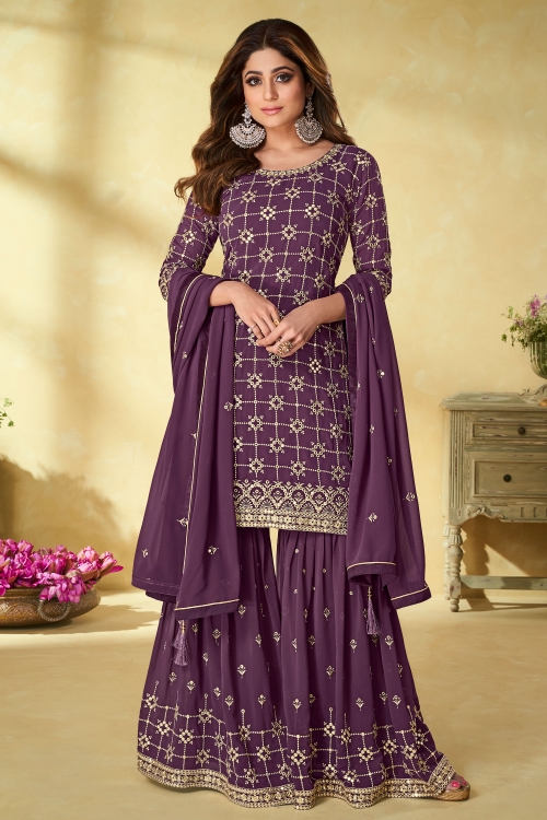 Shamita Shetty Purple Georgette Sharara Suit