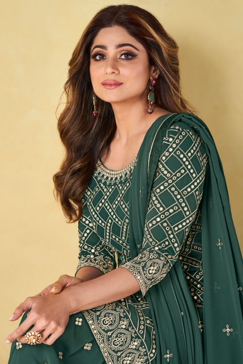 Shamita Shetty Teal Green Georgette Applique Worked Suit