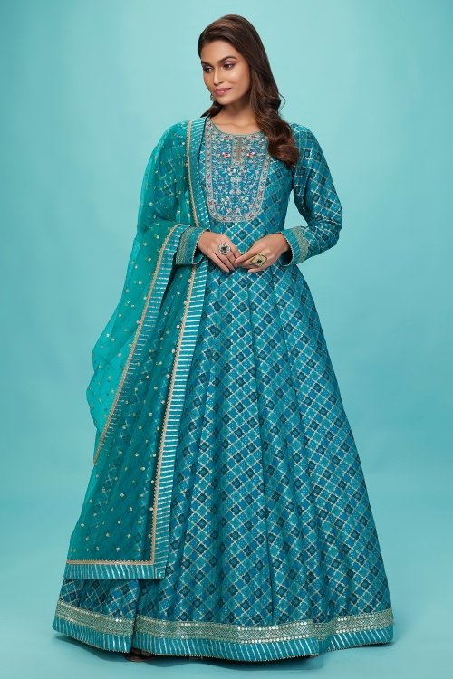 Tiffany Blue Flared Woven Anarkali Suit in Silk with Sequins and Hand Work