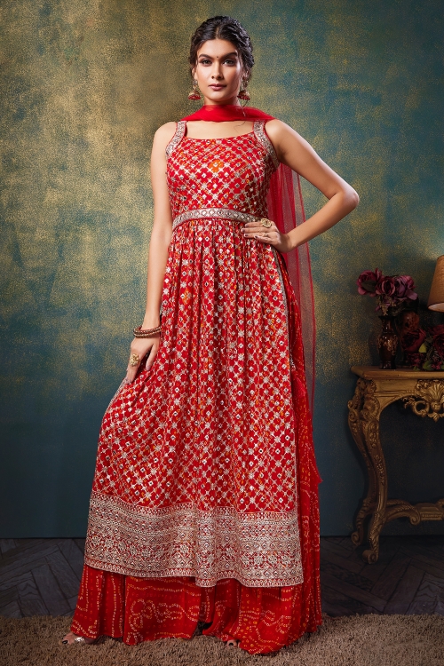 Red Georgette Bandhej Straight Cut Suit
