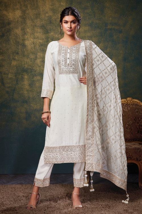 Pearl White Crepe Suit with Embroidery