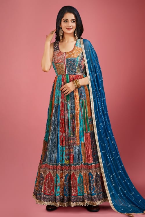 Multi Colored Chinon Printed Anarkali Suit