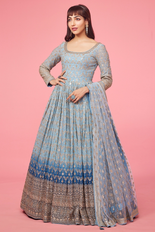 Blue Ombre Pleated Anarkali in Georgette with Sequins and Embroidery