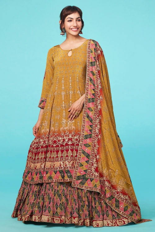 Medallion Yellow Floral Printed Anarkali Lehenga Set in Crepe Silk with Animal and Peacock Motifs