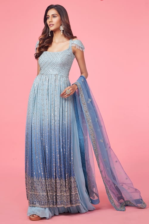 Blue Ombre Georgette Straight Cut Palazzo Suit with Sequins Embroidery