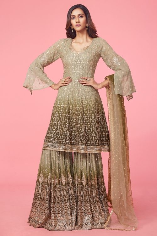 Olive Green Ombre Peplum Sharara Set in Georgette with Sequins and Applique Work